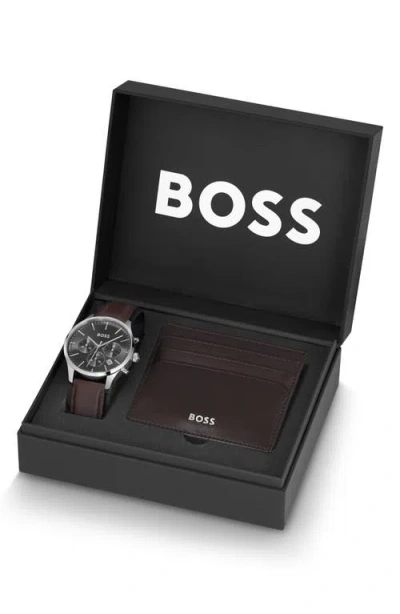 Hugo Boss Boss Avery Chronograph Leather Strap Watch & Wallet Set, 42mm In Gray