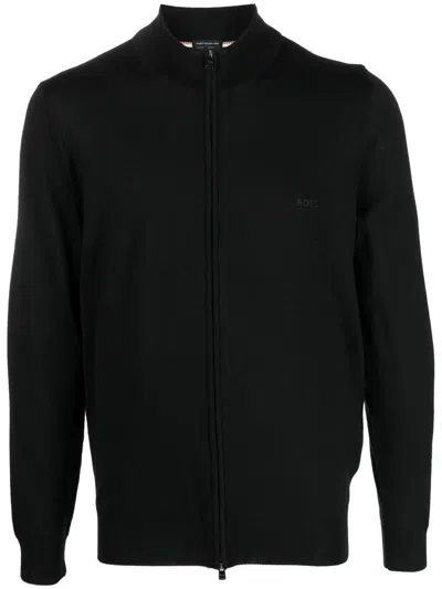HUGO BOSS BOSS 'BALONSO' BLACK VIRGIN WOOL ZIP-UP CARDIGAN