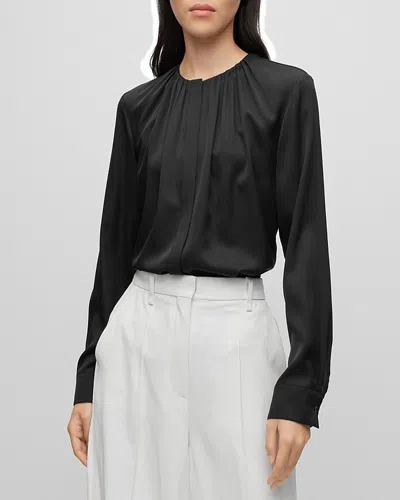 Hugo Boss Ruched-neck Blouse In Stretch-silk Crepe De Chine In Black