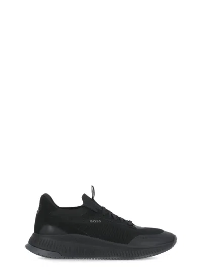 Hugo Boss Sock Trainers With Knitted Upper And Fishbone Sole In Black