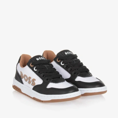 Hugo Boss Kids' Boss Boys Black & White Leather Lace-up Trainers