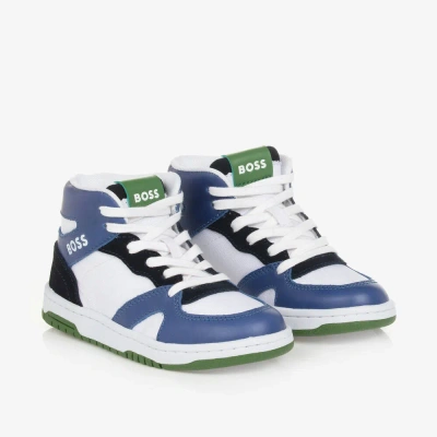 Hugo Boss Kids' Boss Boys Blue High-top Trainers In White