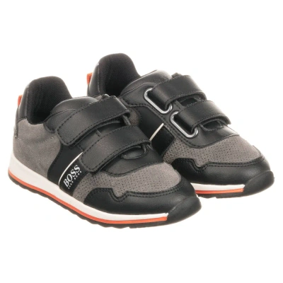 Hugo Boss Babies' Boss Boys Grey Leather Trainers In Black