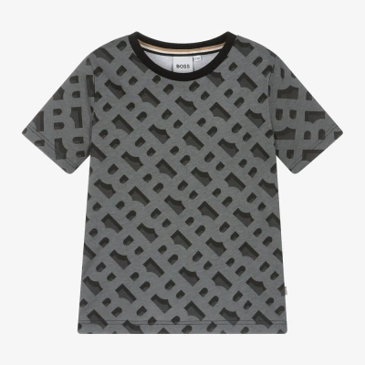 Hugo Boss Kids' Boss Boys Grey Monogram Cotton T-shirt In Black