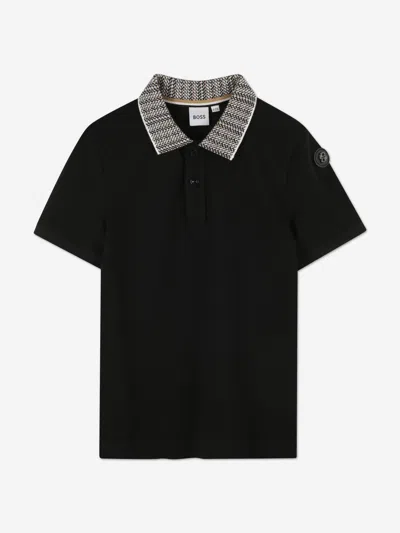 Hugo Boss Kids' Boss Boys Jacquard Collar Polo Shirt In Black