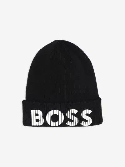 Hugo Boss Kids' Boss Boys Knitted Logo Beanie Hat In Black