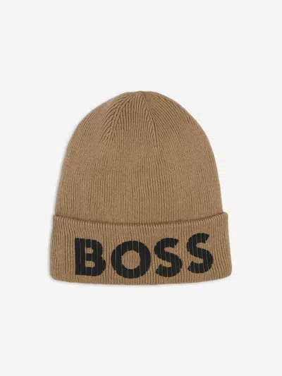 Hugo Boss Kids' Boss Boys Knitted Logo Beanie Hat In Brown