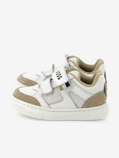 Hugo Boss Kids' Boss Boys Leather And Mesh Logo Trainers In White