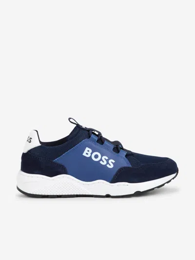 Hugo Boss Kids' Boss Boys Leather Logo Trainers In Blue