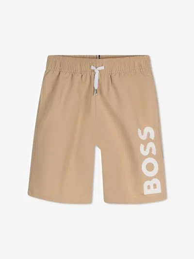 Hugo Boss Kids' Boss Boys Logo Print Swim Shorts In Brown