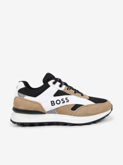 Hugo Boss Kids' Boss Boys Mesh And Leather Trainers In Black