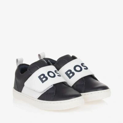 Hugo Boss Kids' Boss Boys Navy Blue Leather Velcro Trainers