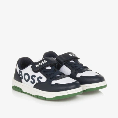 Hugo Boss Kids' Boss Boys White & Navy Blue Velcro Trainers