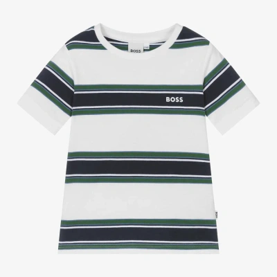 Hugo Boss Kids' Boss Boys White Cotton Striped T-shirt
