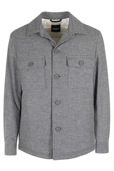 Hugo Boss Boss Brushed Flannel Overshirt With Quilted Interior In Gray