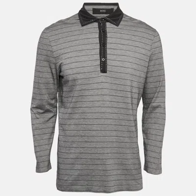 Pre-owned Hugo Boss Boss By  Grey Striped Jersey Long Sleeve Polo T-shirt L