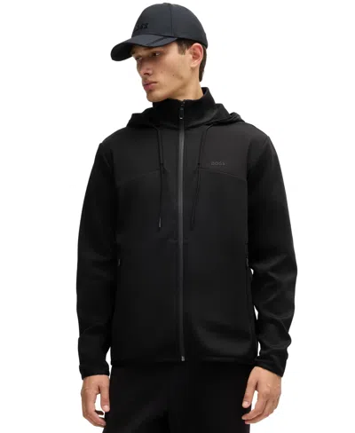 Hugo Boss Bonded-fleece Zip-up Hoodie With Logo Detail In Black