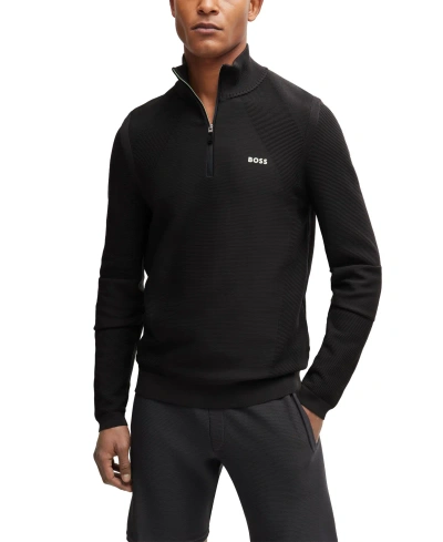 Hugo Boss Boss By  Men's Contrast Logo Zip-neck Sweater In Charcoal