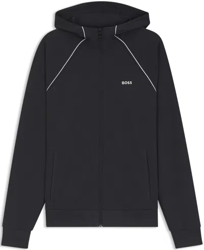 Hugo Boss Piping-detail Zip-up Hoodie In A Cotton Blend In Blue