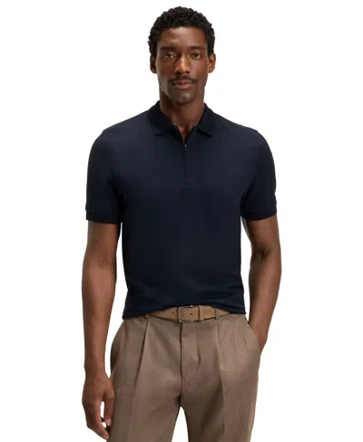 Hugo Boss Boss By  Men's Cotton-silk Jacquard Zip-neck Polo Shirt In Blue