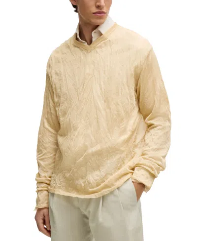 Hugo Boss Boss By  Men's Crinkled Knit V-neck Sweater In Open Beige