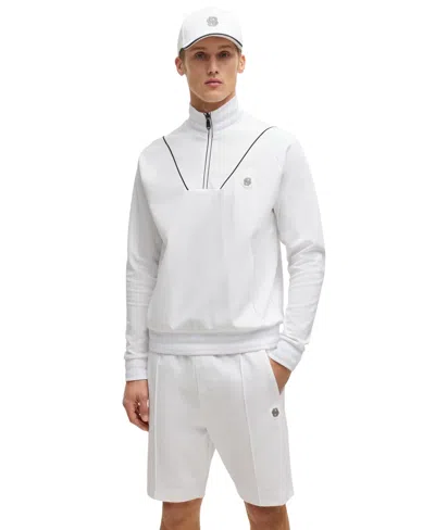 Hugo Boss Boss By  Men's Double B Monogram Zip-neck Sweatshirt In White