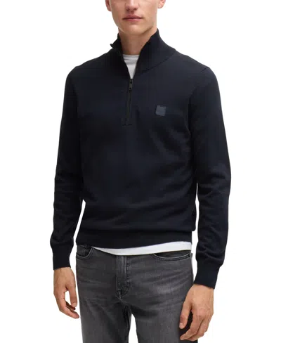 Hugo Boss Boss By  Men's Logo-patch Zip-neck Sweater In Dark Blue