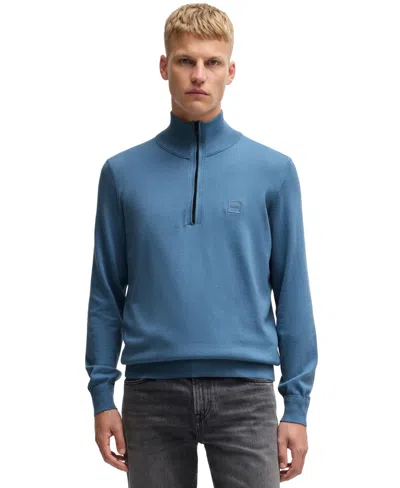 Hugo Boss Boss By  Men's Logo-patch Zip-neck Sweater In Open Blue