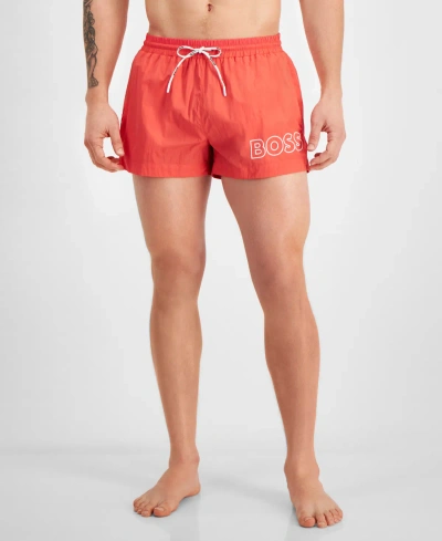 Hugo Boss Boss By  Men's Mooneye Outlined Logo Drawstring 3" Swim Trunks In Medium Red