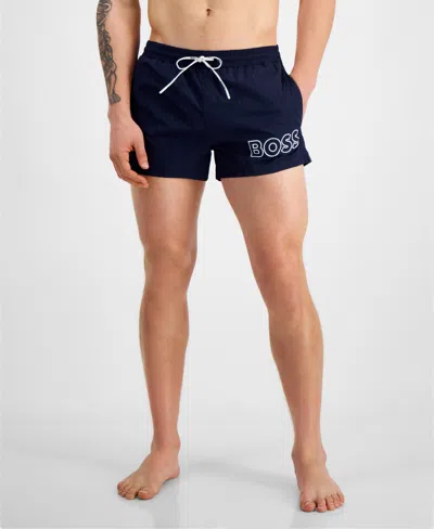 Hugo Boss Boss By  Men's Mooneye Outlined Logo Drawstring 3" Swim Trunks In Navy Blue