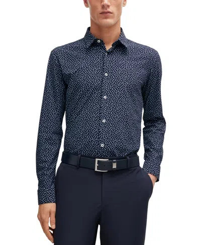 Hugo Boss Boss By  Men's Printed Performance Slim-fit Dress Shirt In Navy