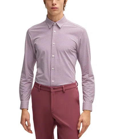Hugo Boss Slim-fit Shirt With Kent Collar In Printed Material In Blue Red