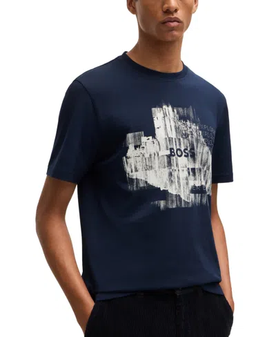 Hugo Boss Regular-fit T-shirt In Cotton Jersey With Seasonal Artwork In Dark Blue