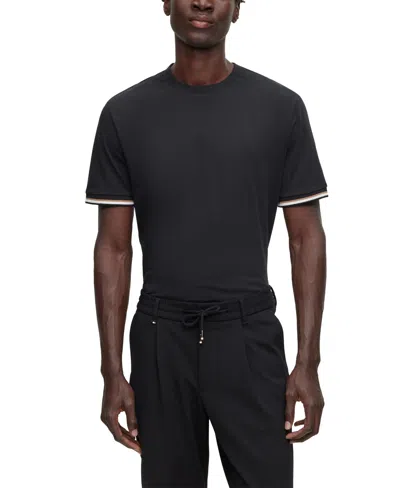 Hugo Boss Cotton-jersey T-shirt With Signature-stripe Cuffs In Dark Blue