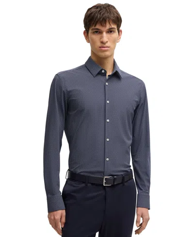 Hugo Boss Boss By  Men's Slim-fit Geometric Print Performance Shirt In Navy