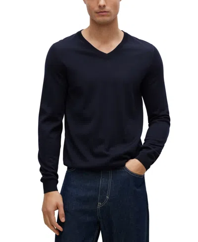 Hugo Boss Slim-fit V-neck Sweater In Virgin Wool In Dark Blue