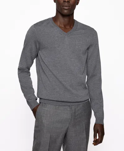 Hugo Boss Boss V-neck Slim-fit Sweater In Grey Wool In Gray