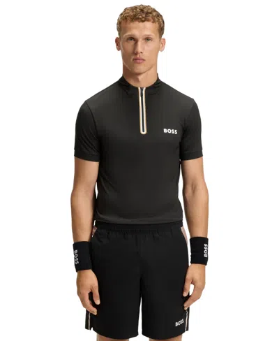 Hugo Boss Boss By  Men's Stretch-mesh Jersey Zip-neck T-shirt In Black