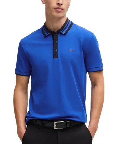 Hugo Boss Boss By  Men's Slim-fit Striped-collar Polo In Open Blue