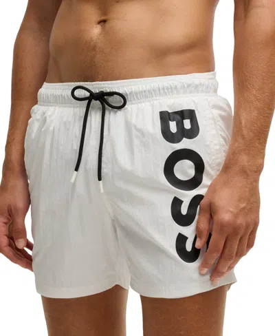 Hugo Boss Boss By  Men's Vertical-logo Quick-dry Poplin Swim Shorts In White
