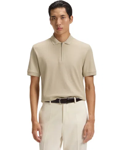 Hugo Boss Structured-cotton Polo Shirt With Zip Placket In Neutral
