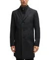 Hugo Boss Slim-fit Patterned Coat With Zip-up Inner In Black