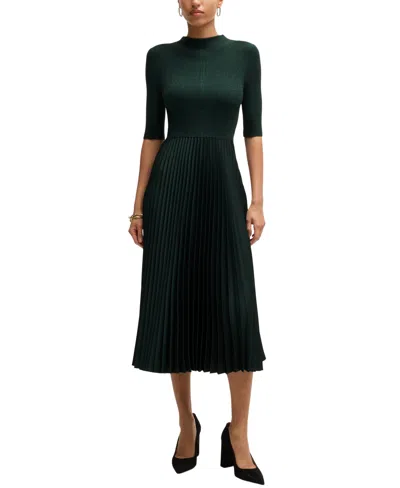 Hugo Boss Cropped-sleeve Dress With Pliss Skirt In Black