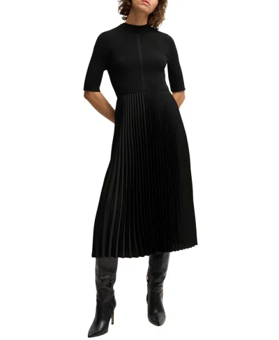 Hugo Boss Cropped-sleeve Dress With Pliss Skirt In Black