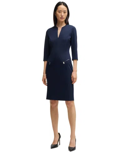 Hugo Boss Boss By  Women's Cropped Sleeves V-neck Dress In Dark Blue