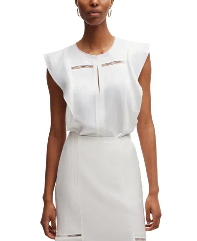 Hugo Boss Flutter-sleeve Blouse With Ladder-lace Trim In White