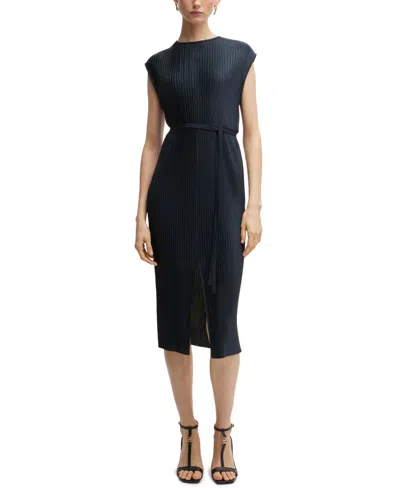 HUGO BOSS BOSS BY HUGO BOSS WOMEN'S HIGH-SHINE PLISSE BELTED SLEEVELESS DRESS
