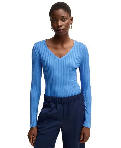 Hugo Boss Boss By  Women's Long-sleeved V-neck Top In Open Blue