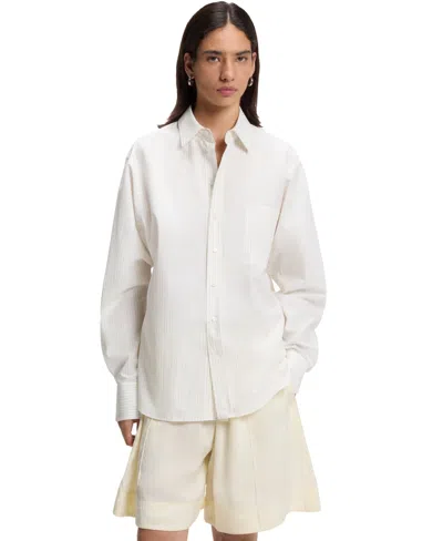 Hugo Boss Boss By  Women's Long-sleeve Relaxed-fit Vertical-stripe Cotton Poplin Blouse In White