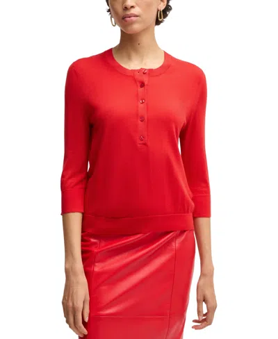Hugo Boss Boss By  Women's Merino Wool Henley Sweater In Bright Red